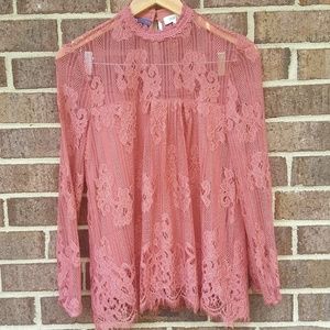 Taylor & Sage Lace Overlay Pink Ruff Hem Long Slee